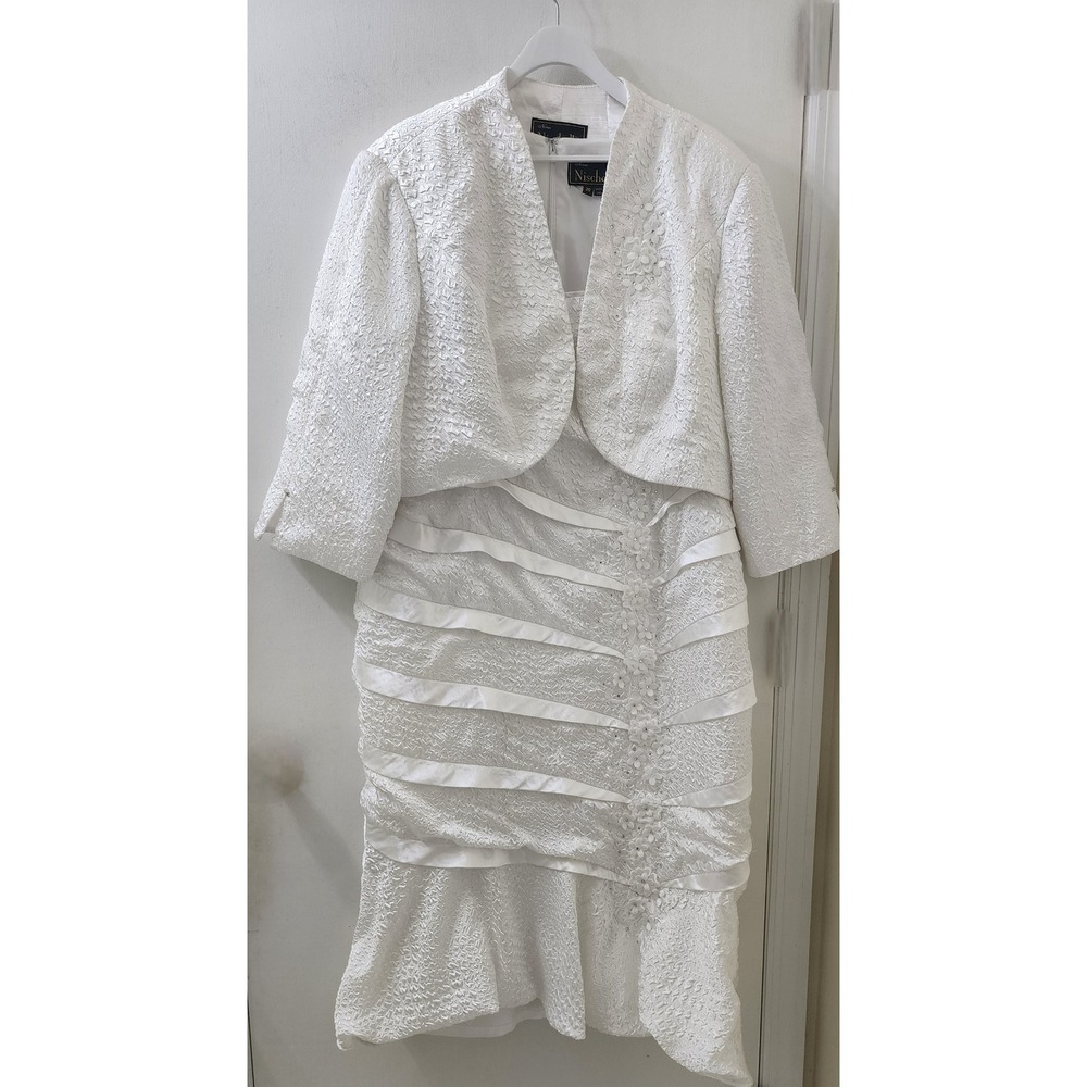 Nina‎ Nischelle White Textured Matelasse Dress and Blazer Set Floral Applique 20